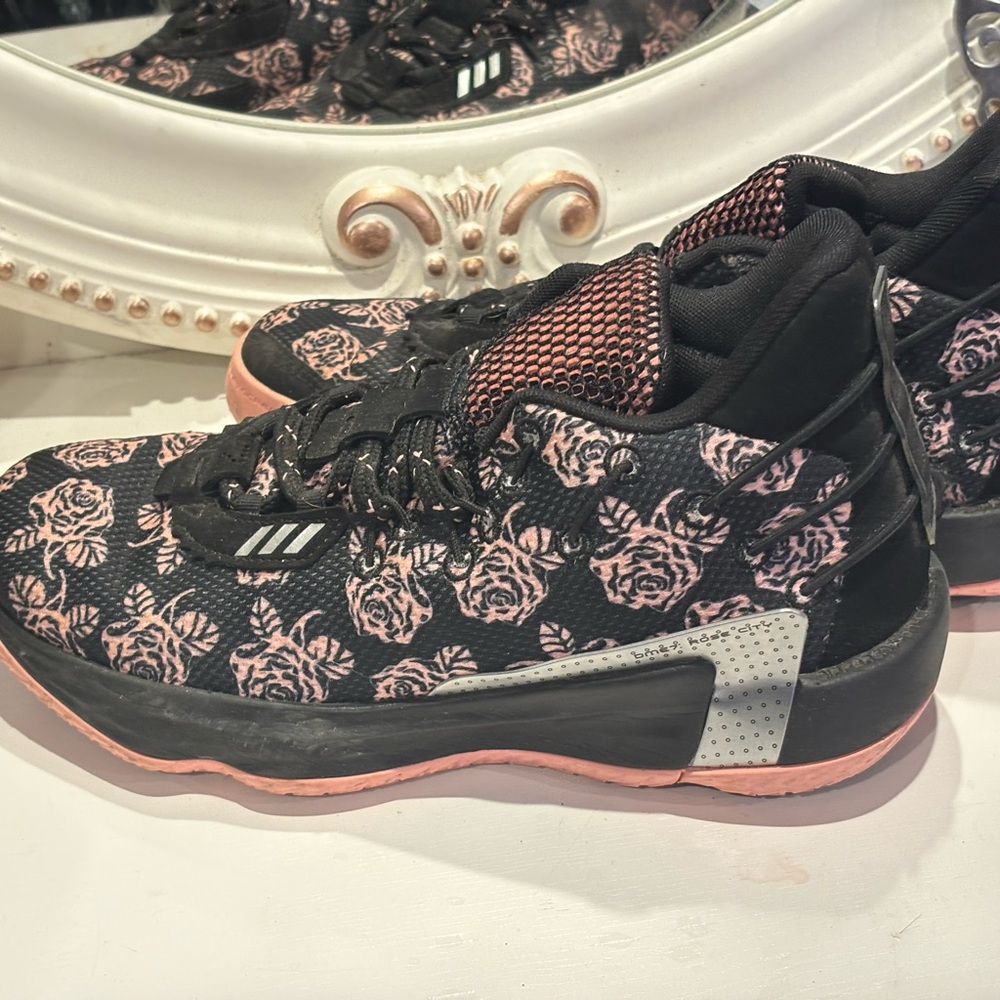 Adidas Women's Black and Pink Rose City Dame 7 Basketball Sneakers